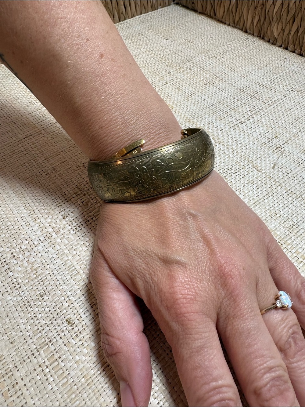 Vintage Style Antique Brass Floral Bracelet - Engraved Statement Bangle